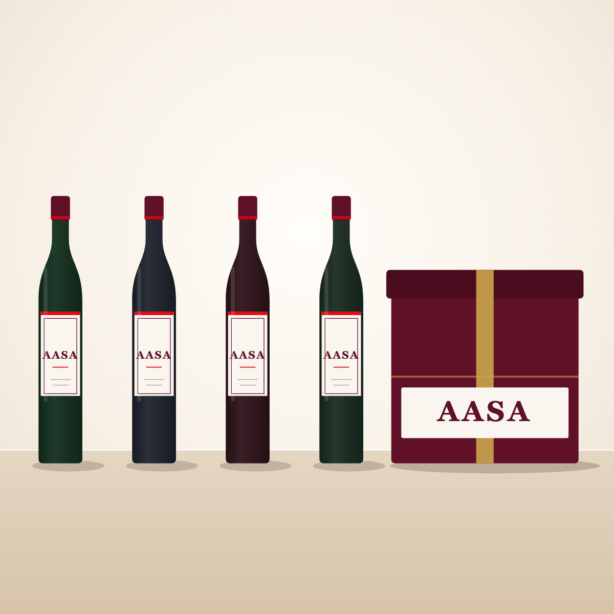 Composición conceptual de cuatro botellas con etiqueta AASA y una caja gourmet AASA