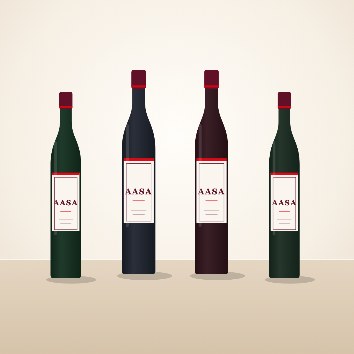 Composición conceptual de cuatro botellas con etiqueta AASA